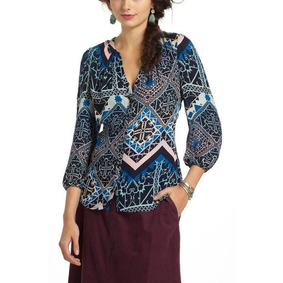 Anthropologie Leifsdottir Jerez 100% silk buttondown blouse geometric 0 EUC - Picture 1 of 8
